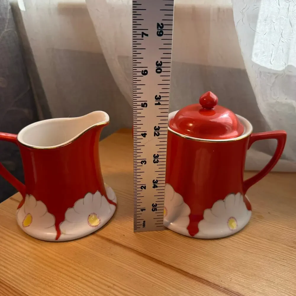 Anthropologie Grace Sugar & Creamer Set Red Floral Ceramic